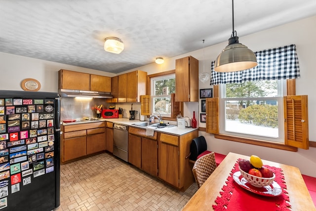 kitchen featuring under cabinet range hood, a sink, light countertops, stainless steel dishwasher, and pendant lighting