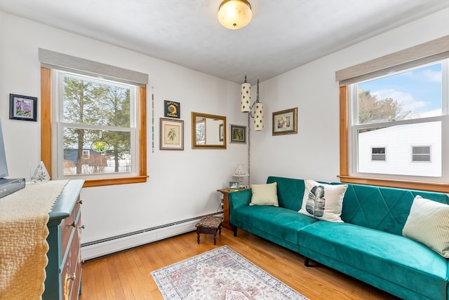 living area featuring wood-type flooring and baseboard heating