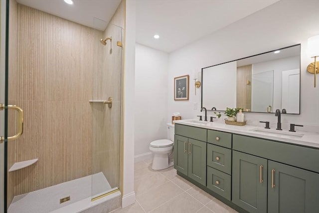 13 Nantucket Dr, Mattapoisett, MA 02719 - bathroom featuring double vanity, a stall shower, tile patterned floors, toilet, and recessed lighting