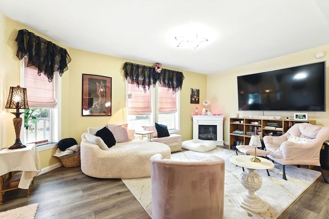 living room featuring a glass covered fireplace, baseboards, and wood finished floors