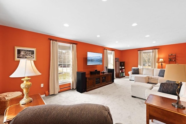 living room featuring light colored carpet