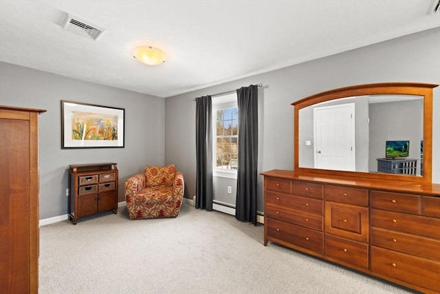 sitting room featuring a baseboard radiator and light colored carpet