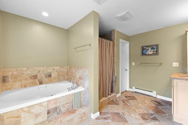 bathroom featuring vanity, a baseboard radiator, and plus walk in shower