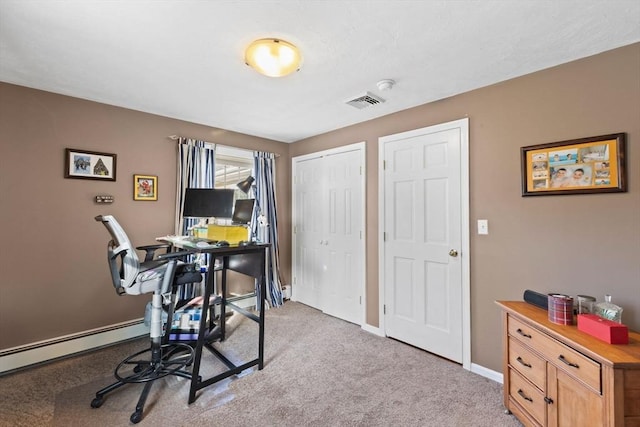 office space featuring light carpet and a baseboard heating unit