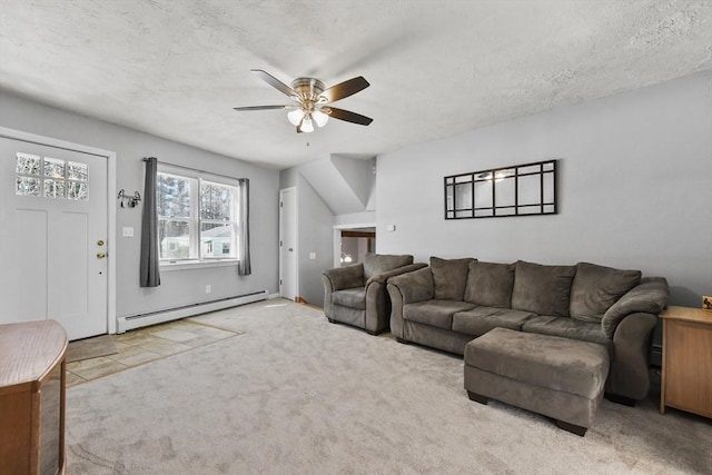 living area with baseboard heating, a textured ceiling, ceiling fan, and carpet floors