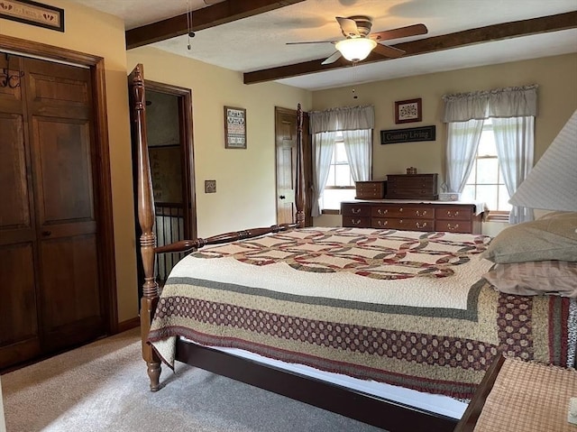 33 Whittemore St, Leicester, MA 01524 - bedroom with light carpet, beam ceiling, a ceiling fan, and baseboards