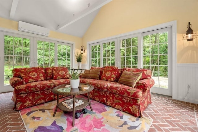 153 Old Connecticut Path, Wayland, MA 01778 - sunroom / solarium featuring an AC wall unit, brick floors, healthy amount of natural light, high vaulted ceiling, and wainscoting