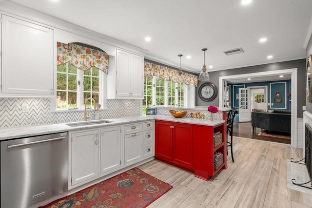 153 Old Connecticut Path, Wayland, MA 01778 - kitchen featuring stainless steel dishwasher, white cabinetry, a peninsula, recessed lighting, and light wood-style floors