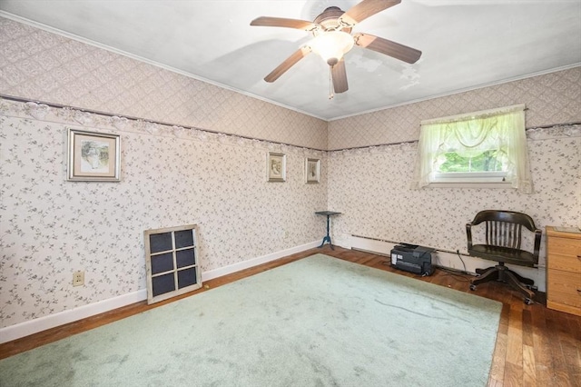 148 Walnut Hill Rd, Orange, MA 01364 - unfurnished office with ornamental molding, wood finished floors, a ceiling fan, and wallpapered walls