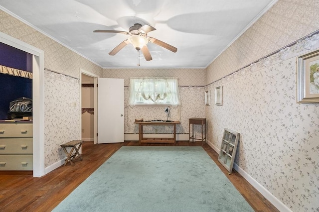 148 Walnut Hill Rd, Orange, MA 01364 - unfurnished living room with crown molding, wood finished floors, wallpapered walls, and ceiling fan