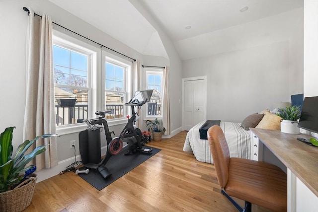 exercise room with lofted ceiling and light hardwood / wood-style floors