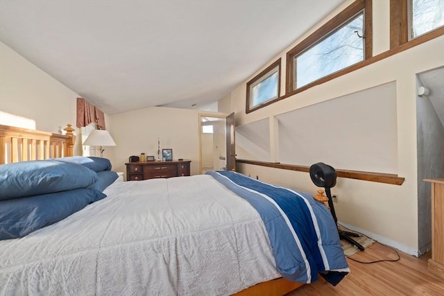 bedroom featuring lofted ceiling, multiple windows, and wood finished floors