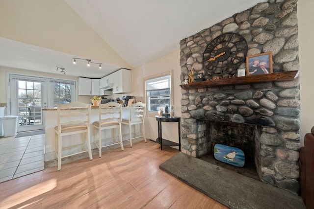 interior space with plenty of natural light, a fireplace, light wood-style flooring, and french doors