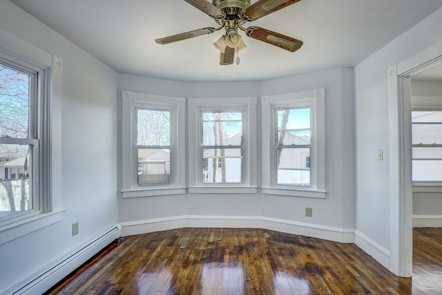 empty room with a healthy amount of sunlight, dark wood-type flooring, and a baseboard heating unit