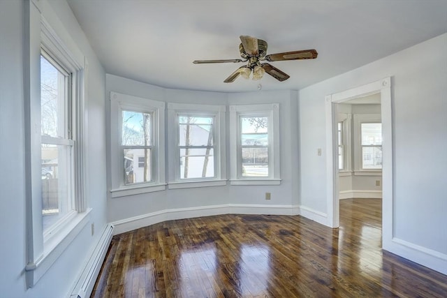 unfurnished room featuring dark hardwood / wood-style flooring, ceiling fan, and a baseboard heating unit