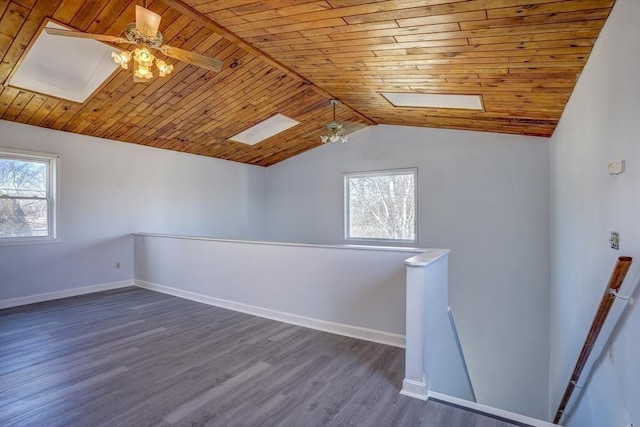 interior space featuring a wealth of natural light, ceiling fan, wood ceiling, and dark hardwood / wood-style floors