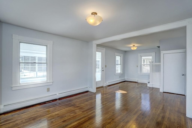 spare room featuring baseboard heating, a healthy amount of sunlight, and dark hardwood / wood-style floors