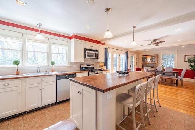 kitchen featuring butcher block countertops, a sink, a healthy amount of sunlight, and stainless steel appliances