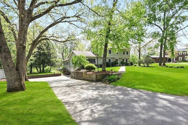 view of community with driveway and a lawn