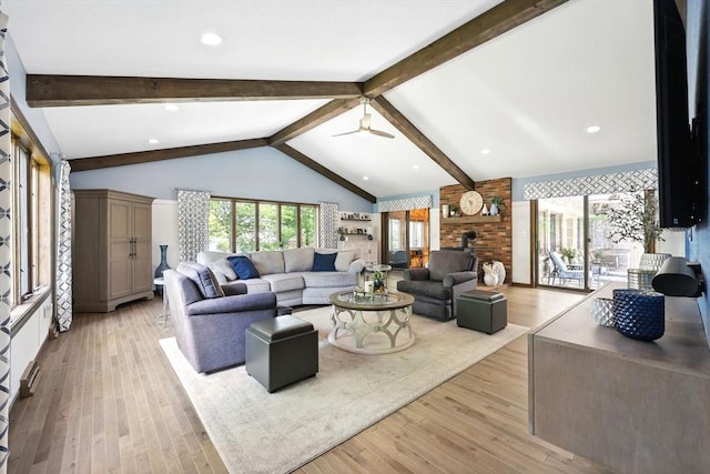 living area with plenty of natural light, ceiling fan, light wood finished floors, and recessed lighting