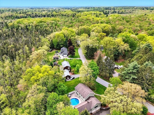 aerial view of a heavily wooded area and a pool