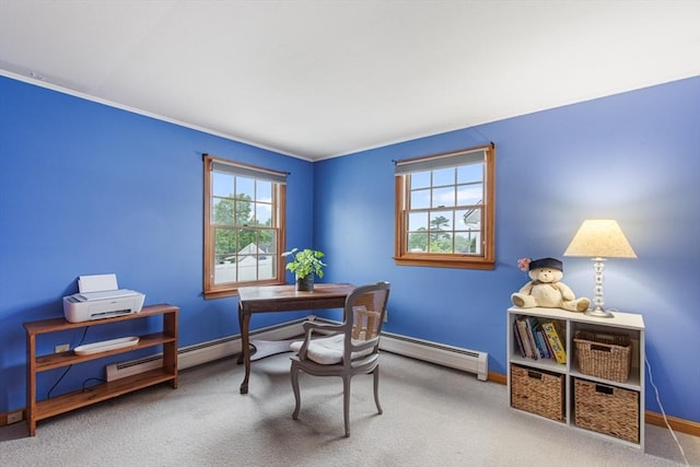 home office featuring a baseboard heating unit, carpet floors, and baseboards