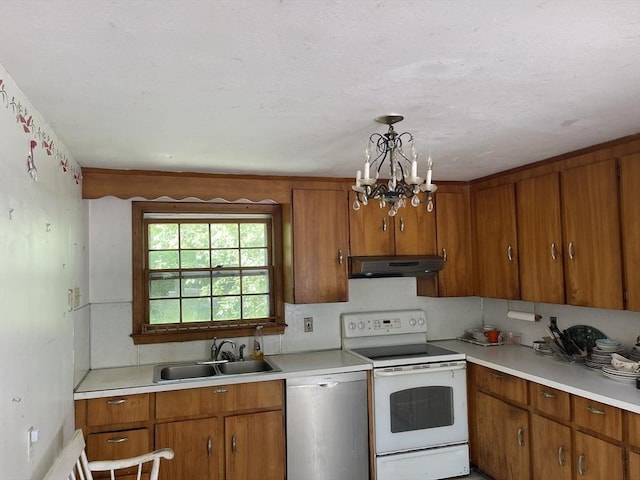 53 Beechwood St, Cohasset, MA 02025 - kitchen featuring dishwasher, white electric stove, a sink, under cabinet range hood, and brown cabinetry