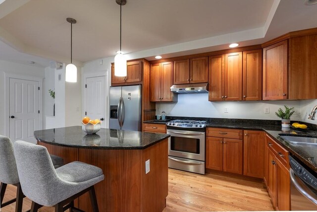 88 Round Hill Rd Unit 4, Northampton, MA 01060 - kitchen with appliances with stainless steel finishes, under cabinet range hood, a sink, brown cabinets, and recessed lighting