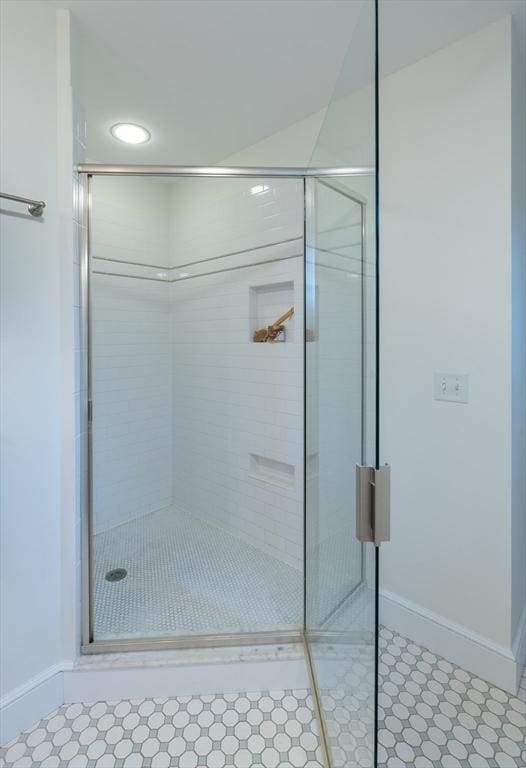 88 Round Hill Rd Unit 4, Northampton, MA 01060 - full bathroom featuring baseboards, a stall shower, tile patterned flooring, and recessed lighting
