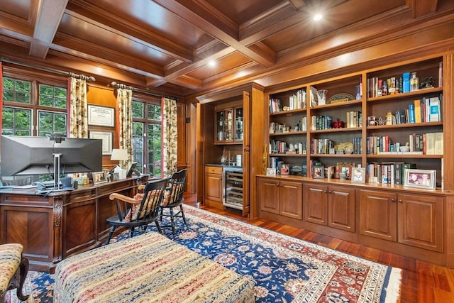 236 Grove St, Wellesley, MA 02482 - home office featuring wine cooler, crown molding, coffered ceiling, wood finished floors, and wooden ceiling with exposed beams