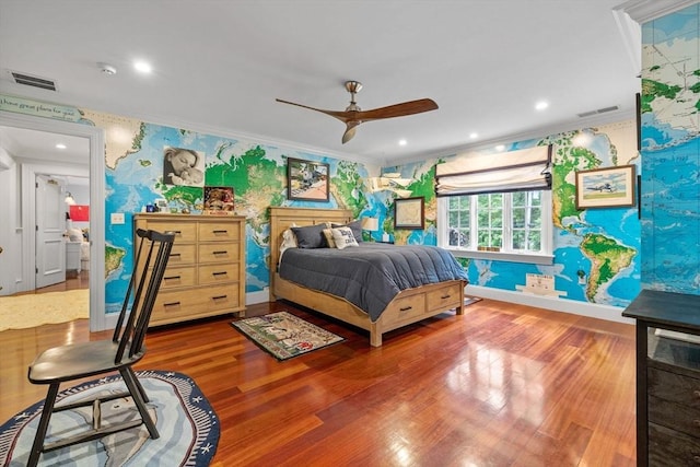 236 Grove St, Wellesley, MA 02482 - bedroom with wallpapered walls, ornamental molding, wood finished floors, baseboards, and recessed lighting