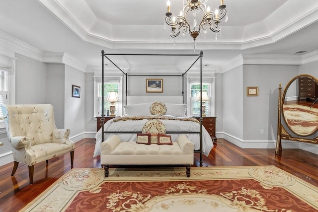 236 Grove St, Wellesley, MA 02482 - bedroom featuring multiple windows, wood finished floors, a tray ceiling, a chandelier, and crown molding