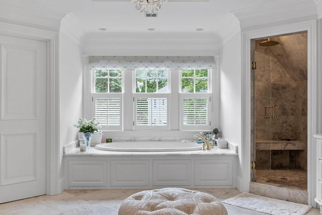 236 Grove St, Wellesley, MA 02482 - bathroom featuring a bath, a shower stall, crown molding, and tile patterned floors