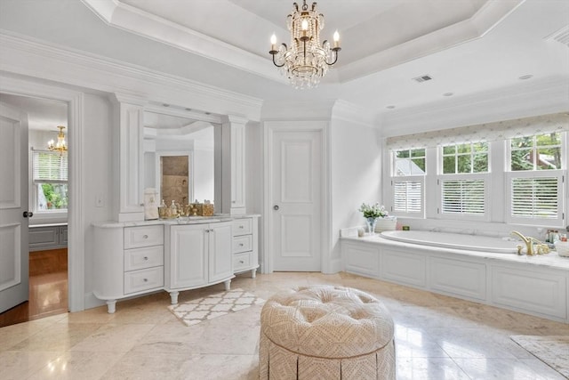 236 Grove St, Wellesley, MA 02482 - bathroom with a chandelier, vanity, plenty of natural light, and crown molding