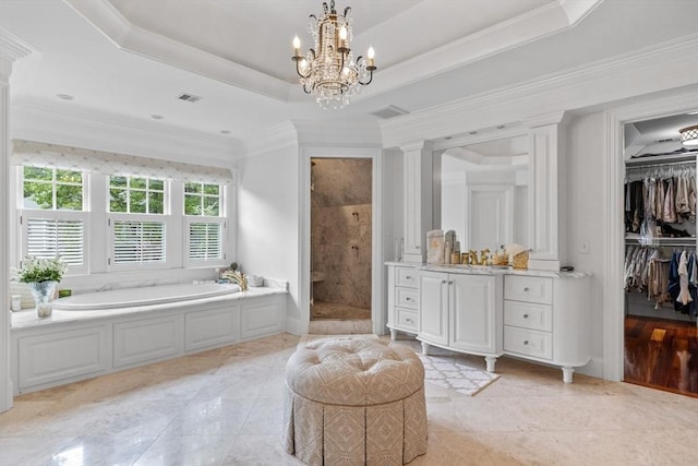 236 Grove St, Wellesley, MA 02482 - bathroom featuring a bath, a walk in shower, vanity, a chandelier, and ornate columns
