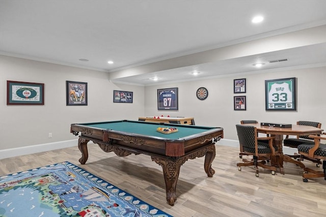 236 Grove St, Wellesley, MA 02482 - rec room featuring light wood finished floors, baseboards, ornamental molding, recessed lighting, and billiards table