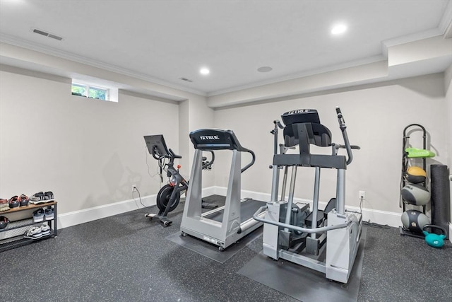 236 Grove St, Wellesley, MA 02482 - workout area with crown molding, recessed lighting, and baseboards