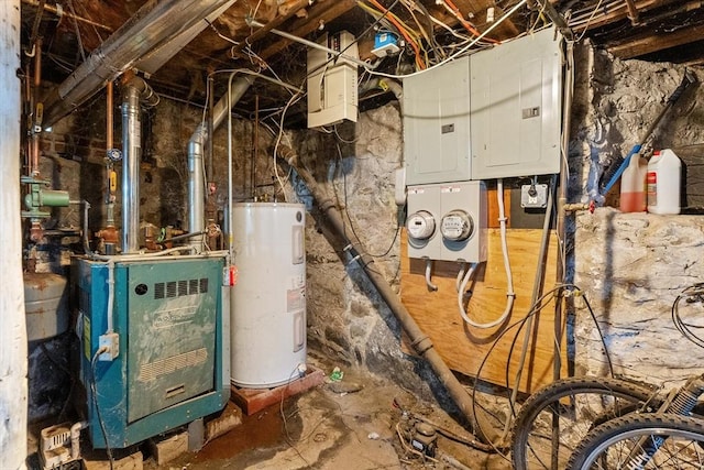 utilities with a heating unit, electric panel, and electric water heater