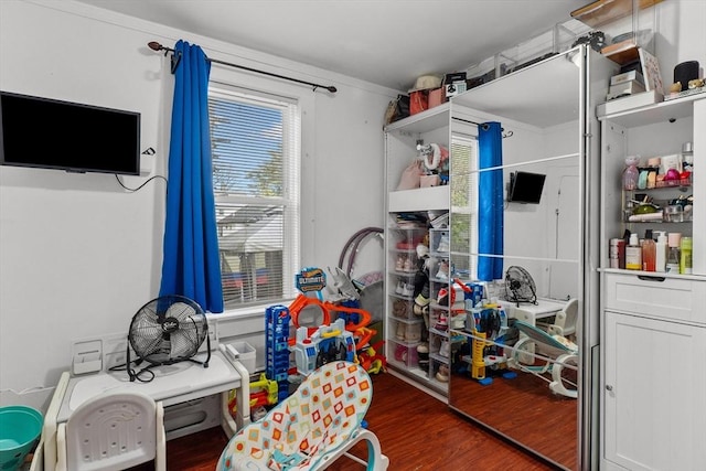 playroom featuring dark wood finished floors