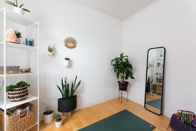 workout area with wood finished floors and baseboards