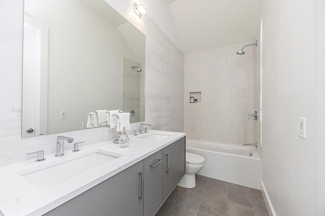 95 Griswold St Unit 95, Cambridge, MA 02139 - full bath with shower / tub combination, toilet, double vanity, tile patterned floors, and lofted ceiling