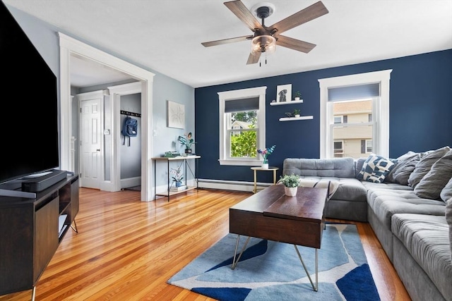 10 Saunders Rd, Lynn, MA 01904 - living room featuring a baseboard heating unit, ceiling fan, and light wood-style flooring