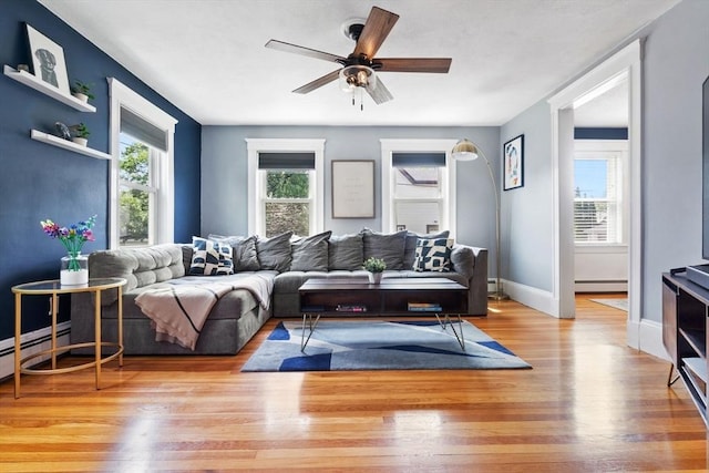 10 Saunders Rd, Lynn, MA 01904 - living room featuring a baseboard heating unit, wood finished floors, and a ceiling fan