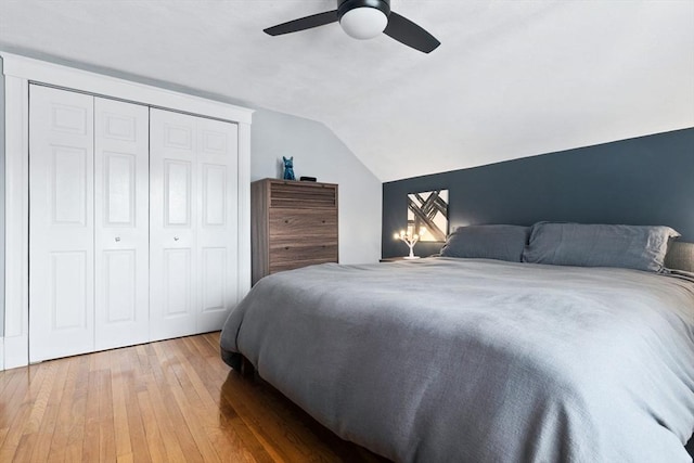 10 Saunders Rd, Lynn, MA 01904 - bedroom with vaulted ceiling, light wood-style flooring, a ceiling fan, and a closet