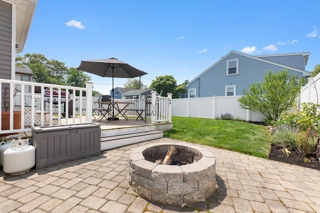 10 Saunders Rd, Lynn, MA 01904 - fenced backyard with an outdoor fire pit, a patio, and a deck