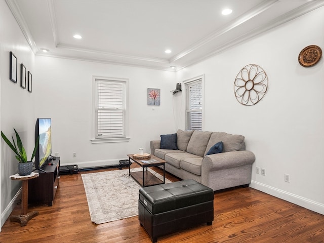 living room featuring dark hardwood / wood-style flooring, a tray ceiling, and ornamental molding