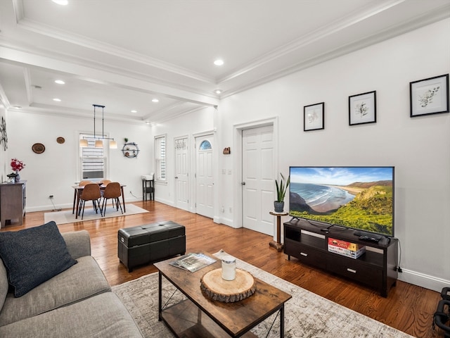 living room featuring a tray ceiling, ornamental molding, and wood-type flooring