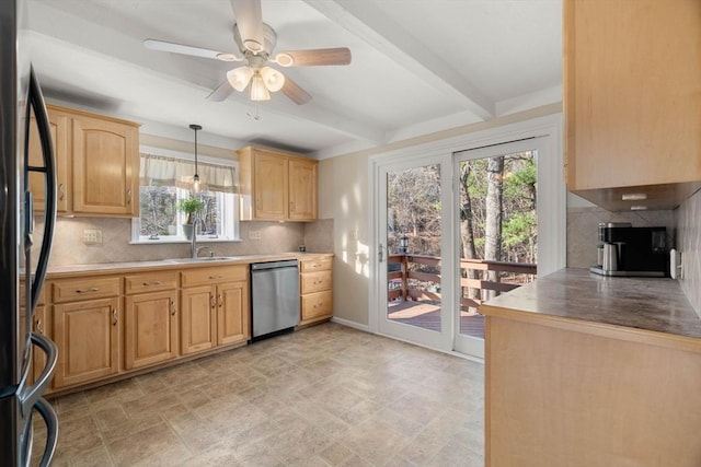 kitchen with decorative backsplash, appliances with stainless steel finishes, sink, beamed ceiling, and hanging light fixtures