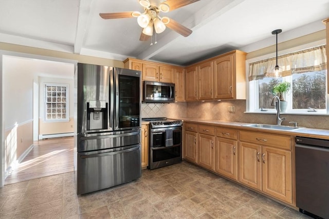 kitchen with sink, tasteful backsplash, beam ceiling, stainless steel appliances, and a baseboard radiator