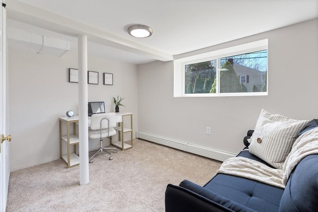office with carpet and a baseboard heating unit